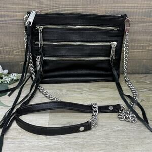 Rebecca Minkoff Black Leather Tassel Multi Zip Crossbody Bag Chain Strap Purse